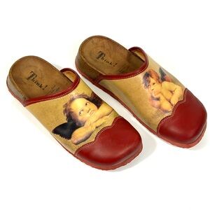 Think! Women Clog Mules Walking Shoes Schlapfa Angel Art Wear Slip On Flats 39